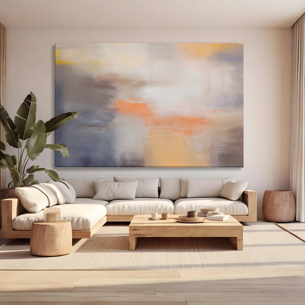 Tablou canvas cu pictura abstracta cu pete portocalii, fara rama, pe sasiu de lemn, pe perete intr-un living